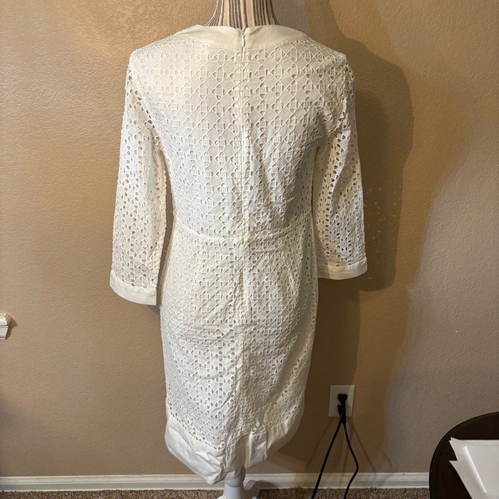 Lands' End Dress Size 4 White Eyelet 3/4 Sleeve Shift Dress Pockets Cotton Lace - Picture 6 of 16